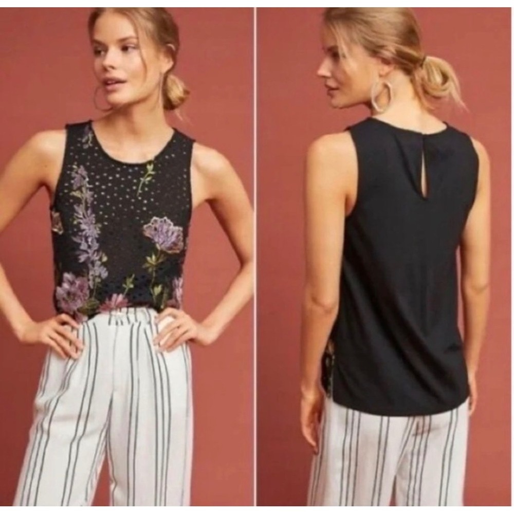 Meadow Rue Anthropologie Embroidered Eyelet Floral Sleeveless Top Black XS